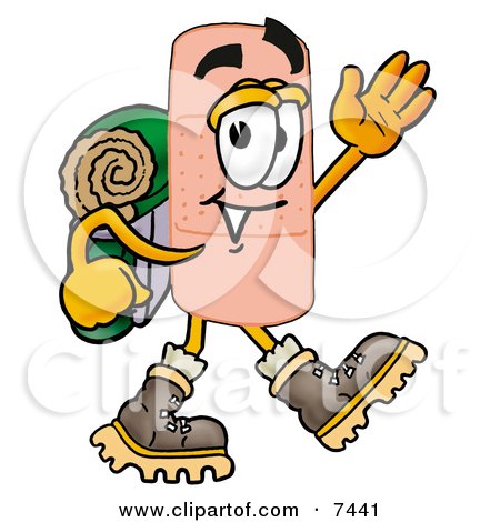 Clipart Picture of a Bandaid Bandage Mascot Cartoon Character Hiking and Carrying a Backpack by Mascot Junction
