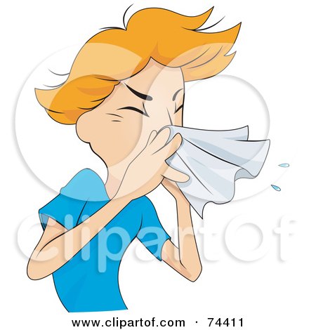 Royalty-Free (RF) Clipart Illustration of a Sick Man Sneezing Into A Tissue by BNP Design Studio