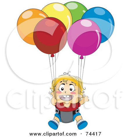 Royalty-Free (RF) Clipart Illustration of a Blond Baby Floating In A Balloon Chair by BNP Design Studio