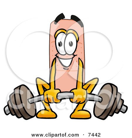 Clipart Picture of a Bandaid Bandage Mascot Cartoon Character Lifting a Heavy Barbell by Mascot Junction