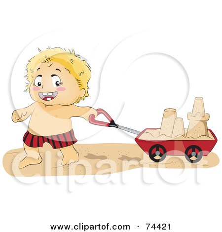 Royalty-Free (RF) Clipart Illustration of a Blond Baby Boy Pulling A Sand Castle In A Cart by BNP Design Studio