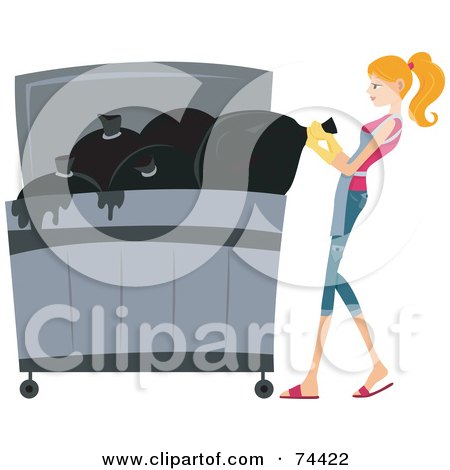 Royalty-Free (RF) Clipart Illustration of a Pretty Housewife Putting Trash In A Dumpster by BNP Design Studio