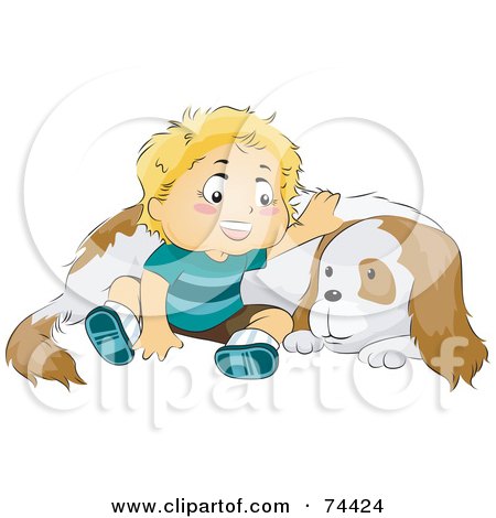 Royalty-Free (RF) Clipart Illustration of a Blond Baby Boy Sitting By And Petting His Dog by BNP Design Studio