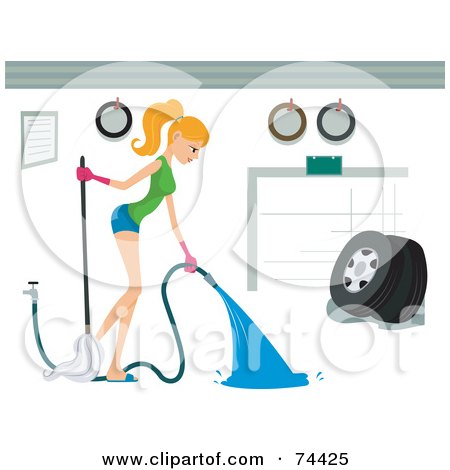 Royalty-Free (RF) Clipart Illustration of a Pretty Housewife Spraying Out A Garage by BNP Design Studio