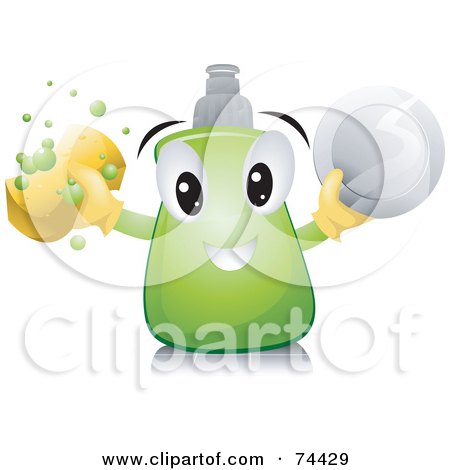 Royalty-Free (RF) Clipart Illustration of a Dish Soap Character With A Sponge And Plate by BNP Design Studio