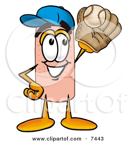 Clipart Picture of a Bandaid Bandage Mascot Cartoon Character Catching a Baseball With a Glove by Mascot Junction