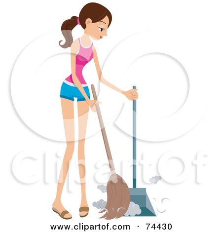 Royalty-Free (RF) Clipart Illustration of a Pretty Housewife Sweeping Up Dust by BNP Design Studio