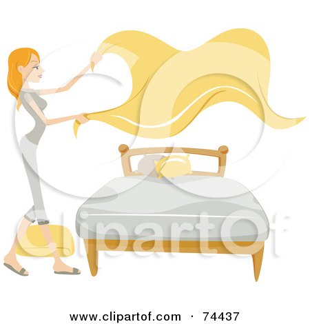Royalty-Free (RF) Clipart Illustration of a Pretty Housewife Laying Sheets On A Bed by BNP Design Studio