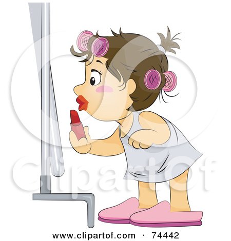 Royalty-Free (RF) Clipart Illustration of a Brunette Baby Girl Putting On Lipstick by BNP Design Studio