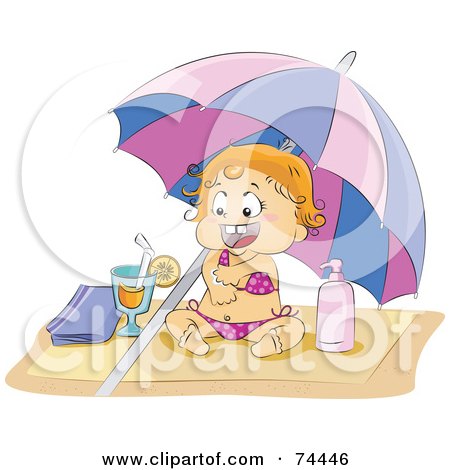 Royalty-Free (RF) Clipart Illustration of a Blond Baby Girl In A Bikini, Applying Sun Block On A Beach by BNP Design Studio