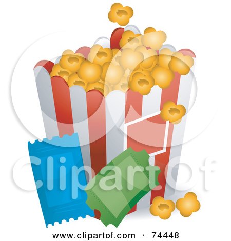 Royalty-Free (RF) Clipart Illustration of a Container Of Buttered Popcorn And Two Movie Tickets by BNP Design Studio