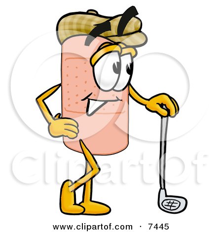 Clipart Picture of a Bandaid Bandage Mascot Cartoon Character Leaning on a Golf Club While Golfing by Mascot Junction