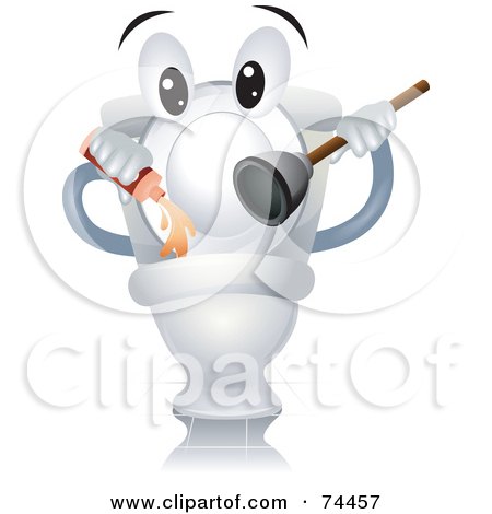 Royalty-Free (RF) Clipart Illustration of a Toilet Character Holding Cleanser And A Plunger by BNP Design Studio