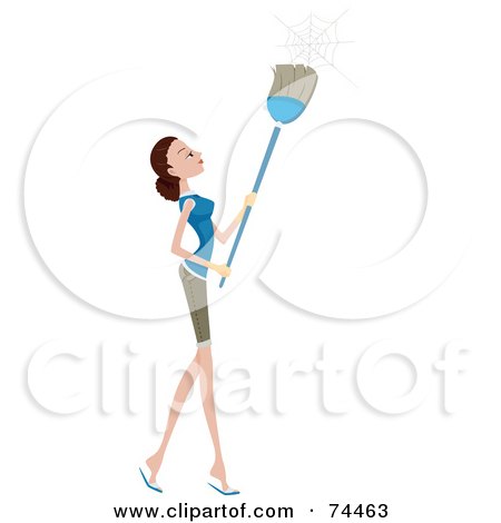 Royalty-Free (RF) Clipart Illustration of a Pretty Housewife Sweeping Away Cobwebs by BNP Design Studio