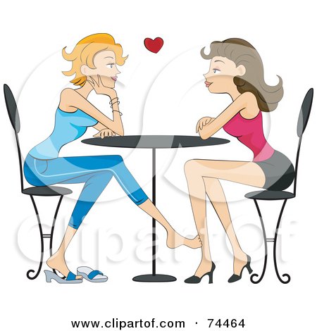 Royalty-Free (RF) Clipart Illustration of an Attractive Lesbian Couple Playing Footsie And Gazing At Each Other In A Cafe by BNP Design Studio