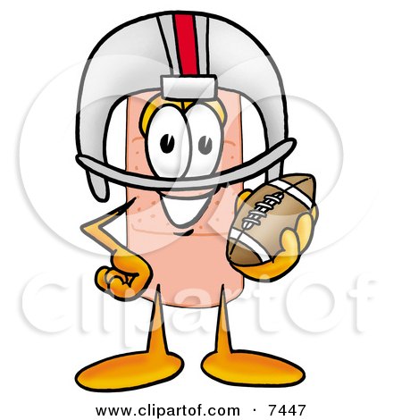 Clipart Picture of a Bandaid Bandage Mascot Cartoon Character in a Helmet, Holding a Football by Mascot Junction