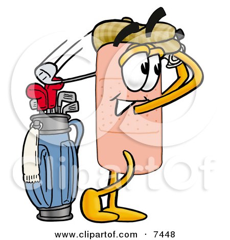 Clipart Picture of a Bandaid Bandage Mascot Cartoon Character Swinging His Golf Club While Golfing by Mascot Junction