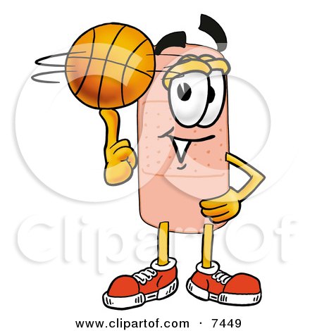 Clipart Picture of a Bandaid Bandage Mascot Cartoon Character Spinning a Basketball on His Finger by Mascot Junction