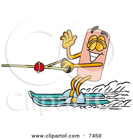 Clipart Picture of a Bandaid Bandage Mascot Cartoon Character Waving While Water Skiing by Mascot Junction