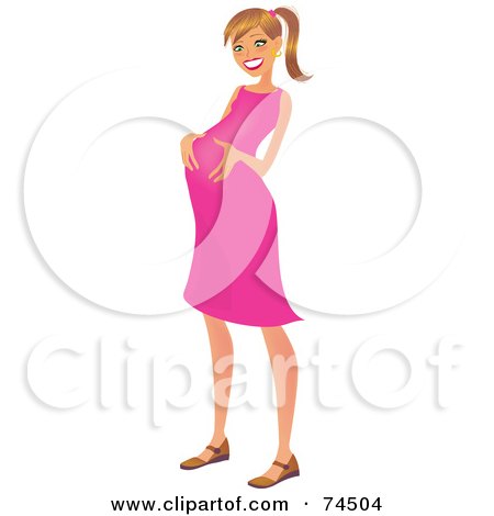 Royalty-Free (RF) Clipart Illustration of a Happy Dirty Blond Woman In A Pink Dress, Rubbing Her Pregnant Belly by Monica