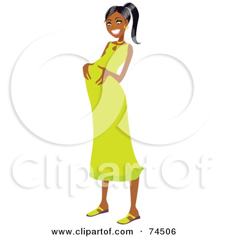 Royalty-Free (RF) Clipart Illustration of a Happy Pregnant Black Woman Rubbing Her Belly In A Green Dress by Monica