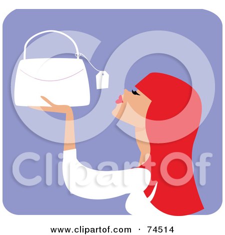 Royalty-Free (RF) Clipart Illustration of a Red Haired Woman Looking At The Price Tag On A Purse by Monica