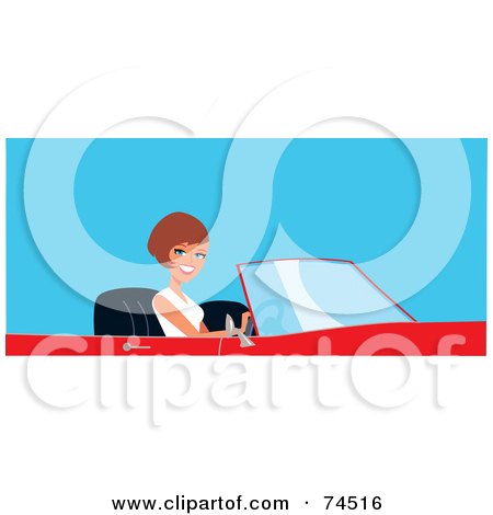Royalty-Free (RF) Clipart Illustration of a Pretty Brunette Woman Driving A Red Convertible Car by Monica