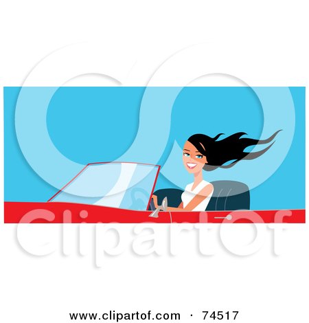 Royalty-Free (RF) Clipart Illustration of a Pretty Black Haired Woman Driving A Red Convertible Car by Monica