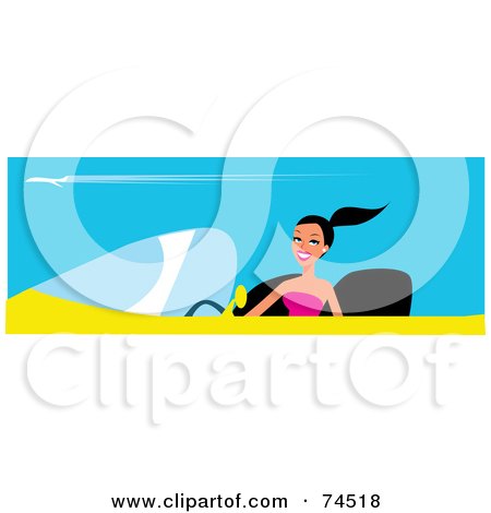 Royalty-Free (RF) Clipart Illustration of a Happy Woman With Her Hair In A Pony Tail, Driving A Yellow Convertible Car by Monica