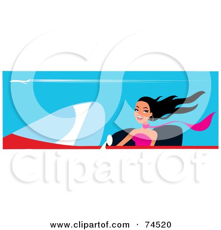Royalty-Free (RF) Clipart Illustration of a Happy Black Haired Woman Driving A Red Convertible Car by Monica