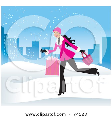 Royalty-Free (RF) Clipart Illustration of a Woman Running Through The Snow With Shopping Bags In A Blue City by Monica