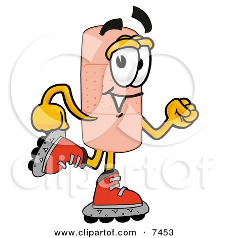 Clipart Picture of a Bandaid Bandage Mascot Cartoon Character Roller Blading on Inline Skates by Mascot Junction