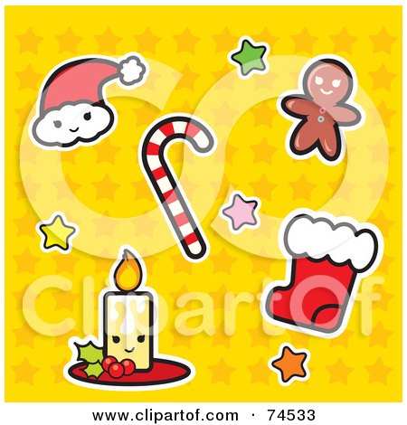 Royalty-Free (RF) Clipart Illustration of a Santa Hat, Candy Cane, Gingerbread Man, Stocking And Candle With Stars On Yellow by Monica