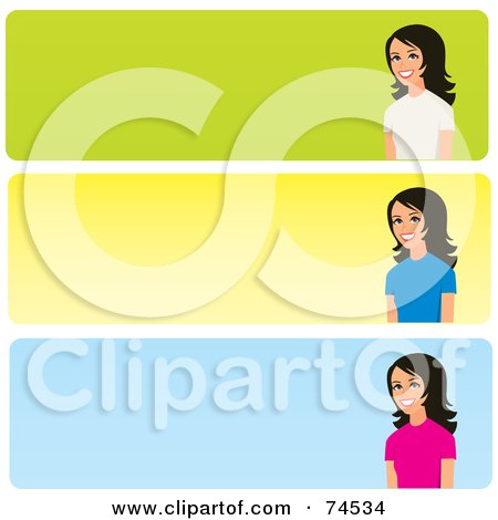 Royalty-Free (RF) Clip Art Illustration of a Digital Collage Of Three Colorful Website Banners With Women On The Right Side by Monica