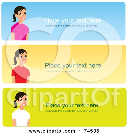 Royalty-Free (RF) Clipart Illustration of a Digital Collage Of Three Colorful Website Banners With Women On The Left Side by Monica