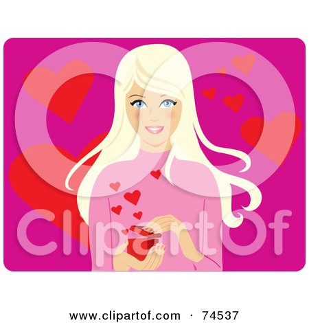 Royalty-Free (RF) Clipart Illustration of a Pretty Blond Woman Opening A Box Of Hearts by Monica