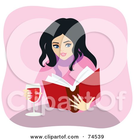 Royalty-Free (RF) Clipart Illustration of a Pretty Woman Reading A Book And Drinking Wine At A Table by Monica