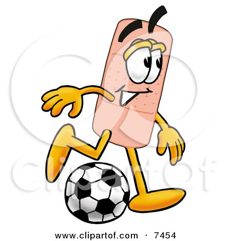 Clipart Picture of a Bandaid Bandage Mascot Cartoon Character Kicking a Soccer Ball by Mascot Junction