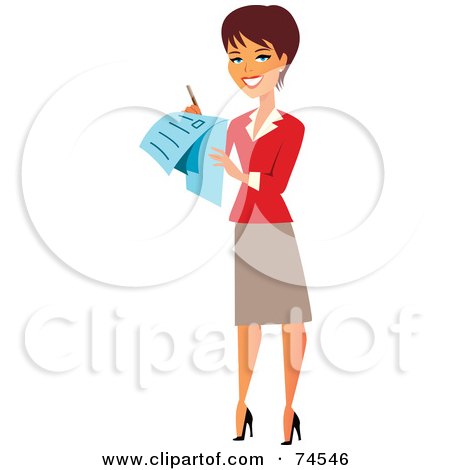 Royalty-Free (RF) Clipart Illustration of a Brunette Female Surveyor Or Businesswoman Using A Check List by Monica