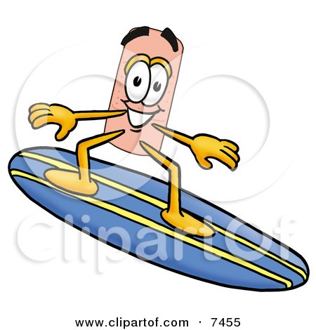 Clipart Picture of a Bandaid Bandage Mascot Cartoon Character Surfing on a Blue and Yellow Surfboard by Mascot Junction