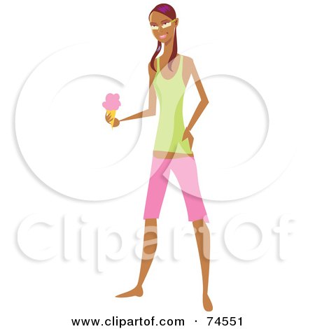 Royalty-Free (RF) Clipart Illustration of a Purple Haired Woman In Summer Clothes, Eating Ice Cream by Monica