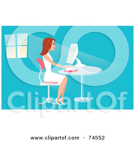 Royalty-Free (RF) Clipart Illustration of a Red Haired Woman Working On A Computer By A Window by Monica