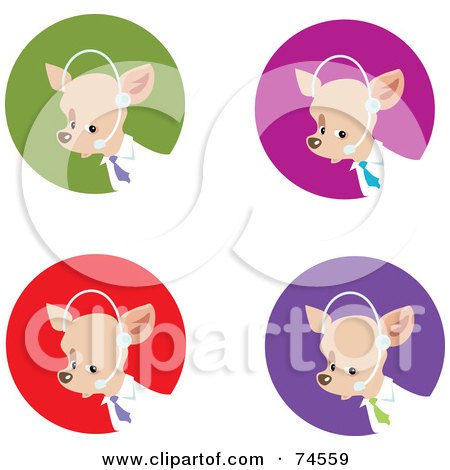Royalty-Free (RF) Clipart Illustration of a Digital Collage Of A Customer Service Business Dog Wearing A Headset, On Different Circle Backgrounds by Monica