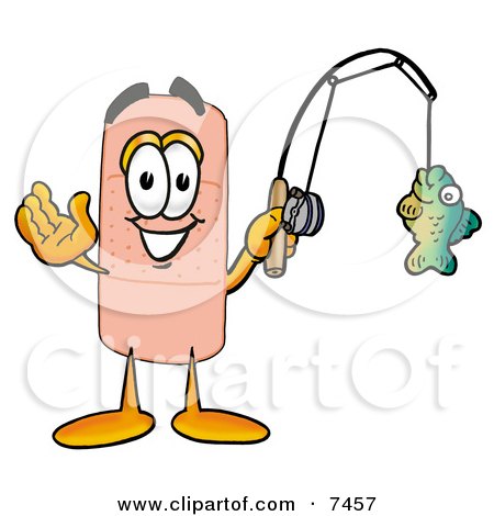 Clipart Picture of a Bandaid Bandage Mascot Cartoon Character Holding a Fish on a Fishing Pole by Mascot Junction