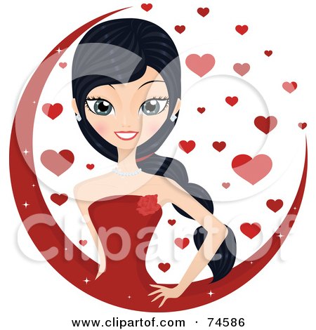Royalty-Free (RF) Clipart Illustration of a Stunning Black Haired Woman In A Red Dress In A Circle Of Hearts by Melisende Vector