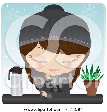 Royalty-Free (RF) Clipart Illustration of a Cold Woman Warming Up Over A Cup Of Hot Chocolate Or Coffee On A Wintry Day by Melisende Vector