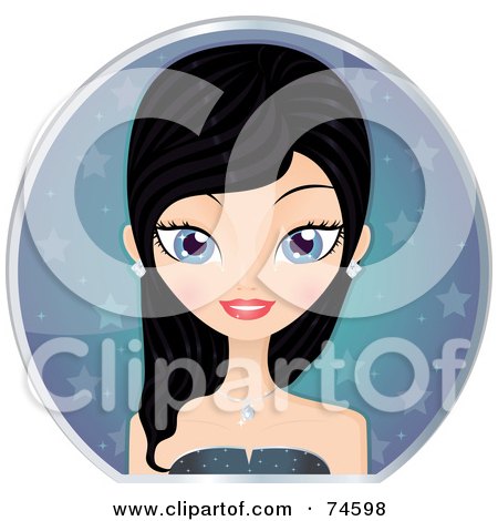 Royalty-Free (RF) Clip Art Illustration of a Black Haired Blue Eyed Young Woman In Front Of A Starry Circle by Melisende Vector