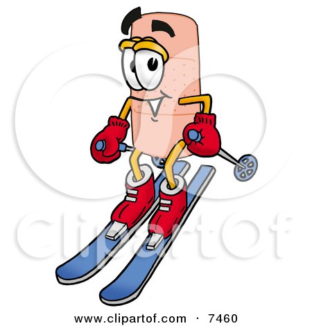 Clipart Picture of a Bandaid Bandage Mascot Cartoon Character Skiing Downhill by Mascot Junction
