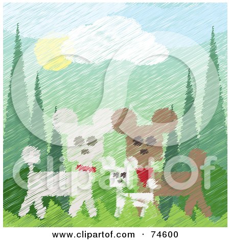Royalty-Free (RF) Clipart Illustration of a Painted Scene Of Three White And Brown Poodles In The Woods, With Texture by kaycee