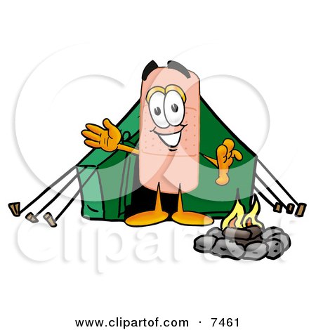 Clipart Picture of a Bandaid Bandage Mascot Cartoon Character Camping With a Tent and Fire by Mascot Junction